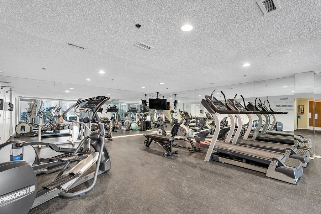 A gym with treadmills, elliptical machines, and other exercise equipment.