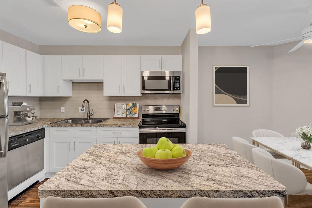 A kitchen with a granite countertop and a bowl of apples on it.