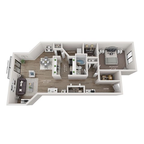 A 3D floor plan of a house with a living area, kitchen, and bathroom.