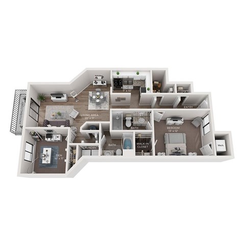 A floor plan of a two-bedroom apartment with a living area, kitchen, and bathroom.