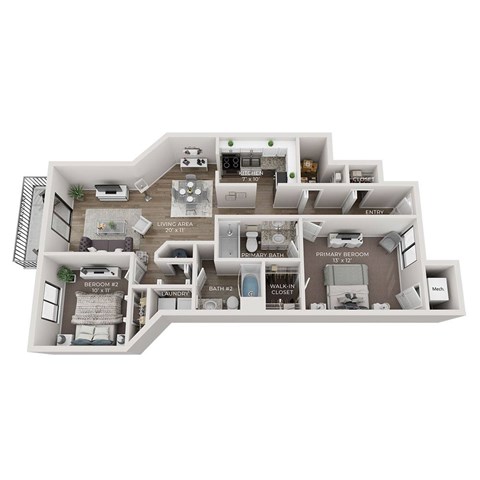 A 3D floor plan of a house with labeled rooms.