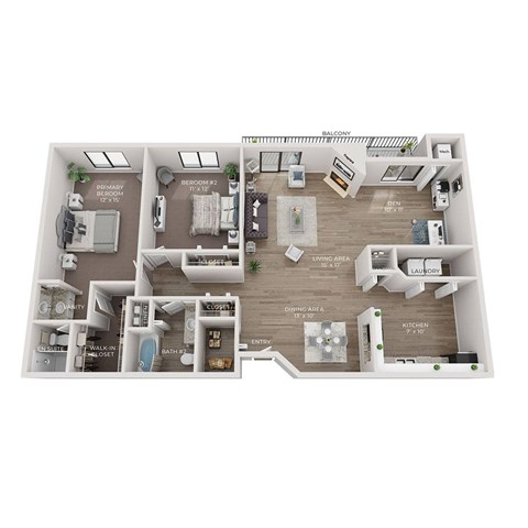 A floor plan of a one bedroom apartment with a living area, kitchen, bathroom, and laundry room.