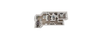 A 3D floor plan of a small apartment with a living area, kitchen, and two bedrooms.