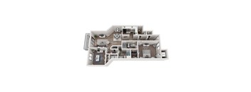 A floor plan of an apartment with a living area, kitchen, laundry room, and two bedrooms.