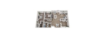 A floor plan of a two bedroom apartment with a living area, kitchen, and bathroom.