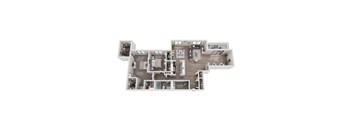 A floor plan of a house with a living room, dining room, kitchen, and two bedrooms.