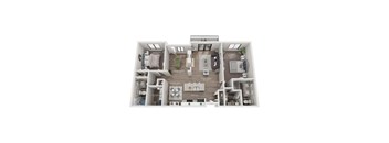 A floor plan of a small apartment with a living room, kitchen, and bedrooms.