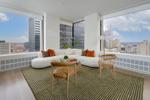 A living room with a white couch and a green rug.