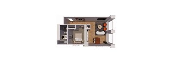 A floor plan of a small apartment with a bedroom, living room, and kitchen.