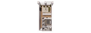A floor plan of a small apartment with a living room, kitchen, and bathroom.