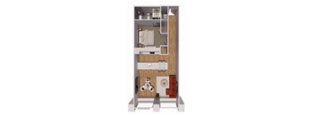 A 3D floor plan of a small apartment with a living room, kitchen, and bedroom.