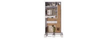 A floor plan of a small apartment with a kitchen, living room, and bathroom.