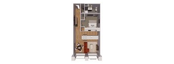 A drawing of a small apartment with a kitchen, living room, and bathroom.