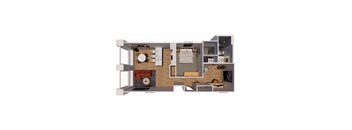 A floor plan of a small apartment with a bedroom, living room, and kitchen.