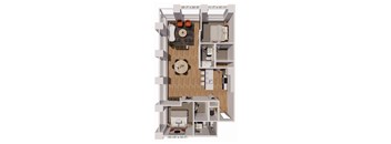 A 3D floor plan of a small apartment with a living room, kitchen, and bedroom.