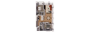 A floor plan of a small apartment with a living room, kitchen, and bedroom.