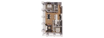 A floor plan of a two-bedroom apartment with a living room, kitchen, and bathroom.