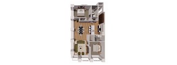 A floor plan of a two-bedroom apartment with a living room, kitchen, and bathroom.