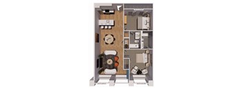 A floor plan of a small apartment with a living room, dining area, kitchen, and two bedrooms.