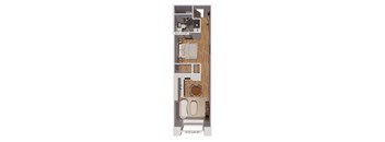 A floor plan of a small apartment with a bedroom, living room, and kitchen.
