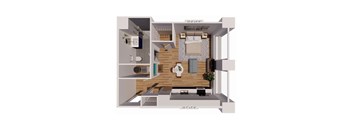 A floor plan of a small apartment with a kitchen, living room, and bathroom.