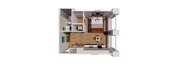 A floor plan of a small apartment with a kitchen, living room, and bathroom.