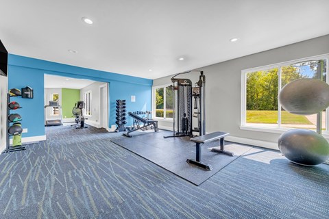 A gym with a blue carpet and a variety of equipment.