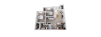 A 3D floor plan of a small apartment with a bedroom, living room, kitchen, and bathroom.