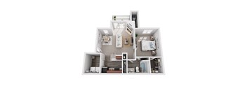 A 3D rendered image of a house layout.