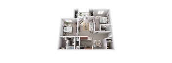 A 3D floor plan of a house with multiple rooms.
