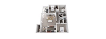 A 3D floor plan of a small apartment with a kitchen, living room, and bedrooms.