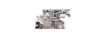 A 3D floor plan of a house with multiple rooms and furniture.