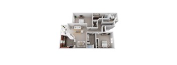A 3D floor plan of a house with a kitchen, living room, dining room, and bedrooms.
