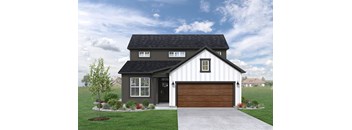 a home with a white and brown exterior and a black and white garage door