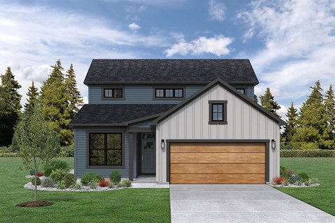 a home with a brown garage door