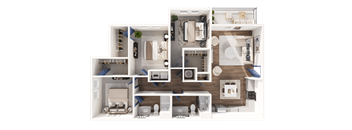 A detailed 3D floor plan of a house layout.