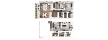 A top-down view of a house layout with a kitchen, living room, and bedrooms.