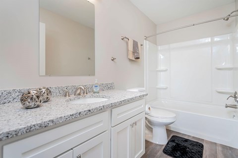 A bathroom with a white toilet, sink, and bathtub.