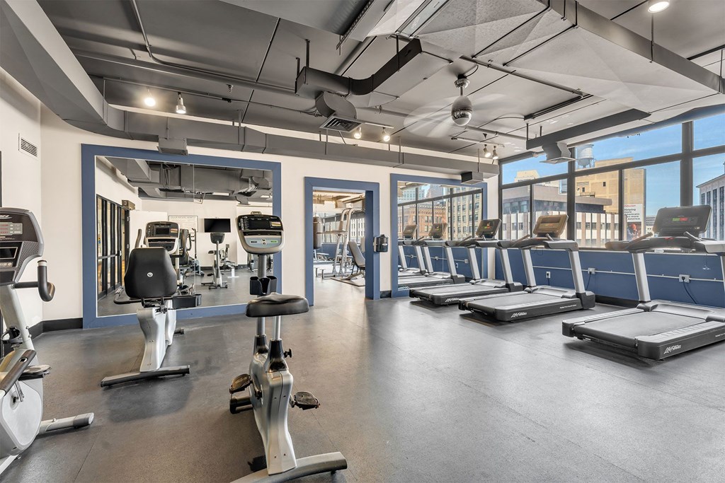 A gym with treadmills, weights, and mirrors.