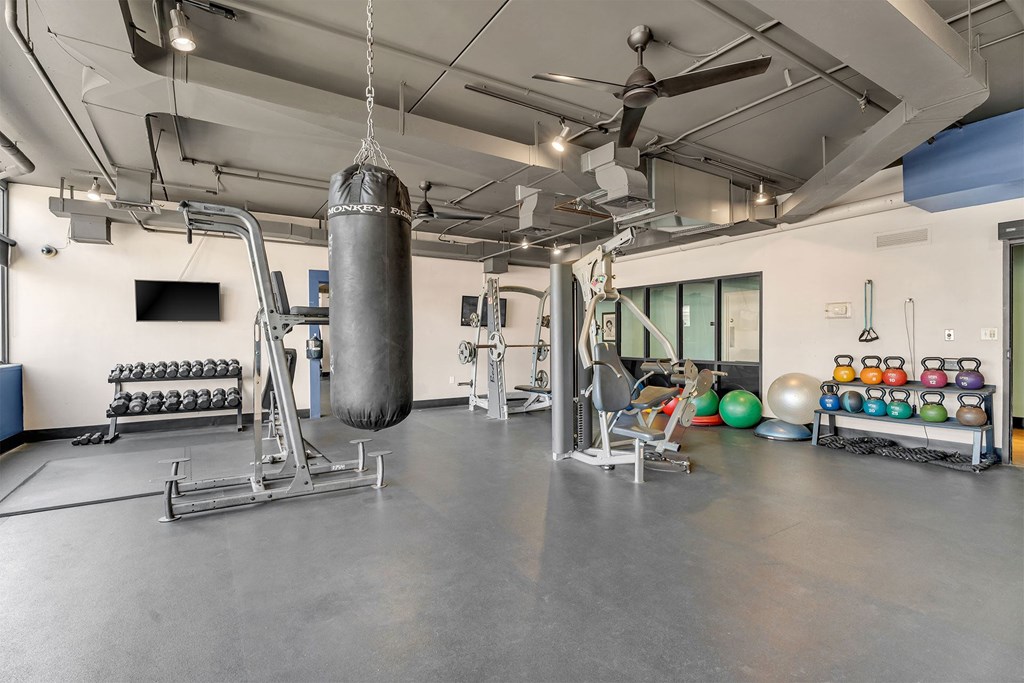A gym with a punching bag, weights, and exercise equipment.