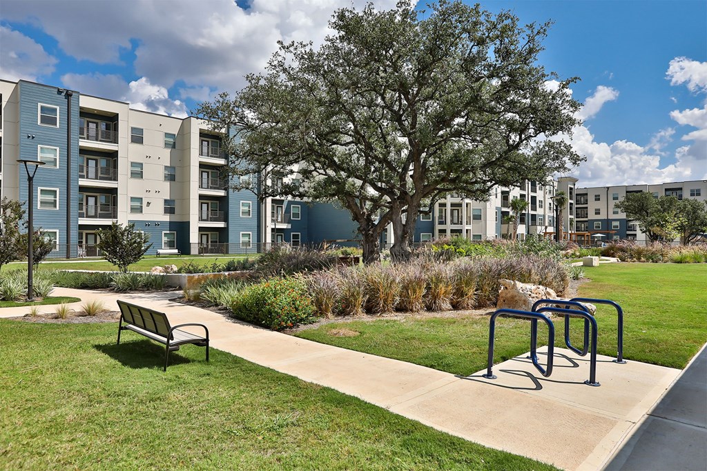 A park with a bench, a tree, and a playground.