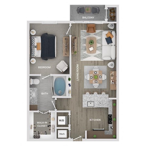 floor plan of a 1 bed 1 bath apartment