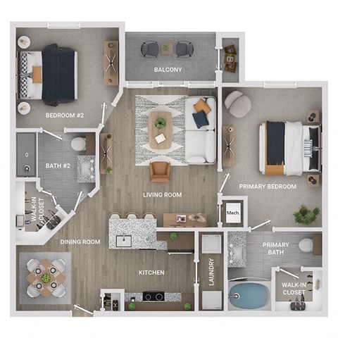floor plan of a 2 bed 2 bath apartment
