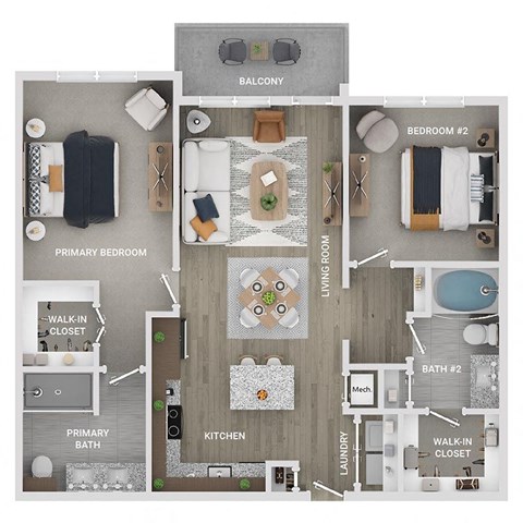 floor plan of a 2 bed 2 bath apartment