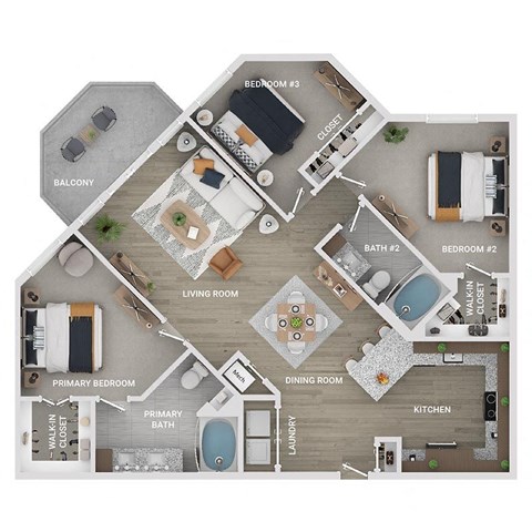 floor plan of a 3 bed 2 bath apartment