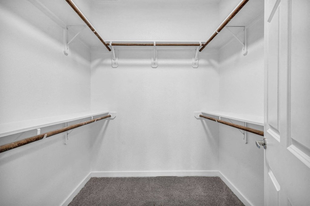 large walk-in closet with two rows of racks