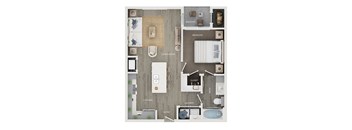 A floor plan of a house with a living room, kitchen, bathroom, and laundry area.