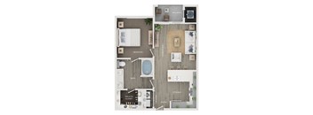 A floor plan of a home showing a bedroom, bath, living room, kitchen, and laundry area.