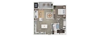A floor plan of a house showing a living room, kitchen, bathroom, and bedrooms.