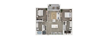 A floor plan of a house with a balcony, two bedrooms, a living room, a bathroom, a kitchen, a laundry area, and a walk-in closet.